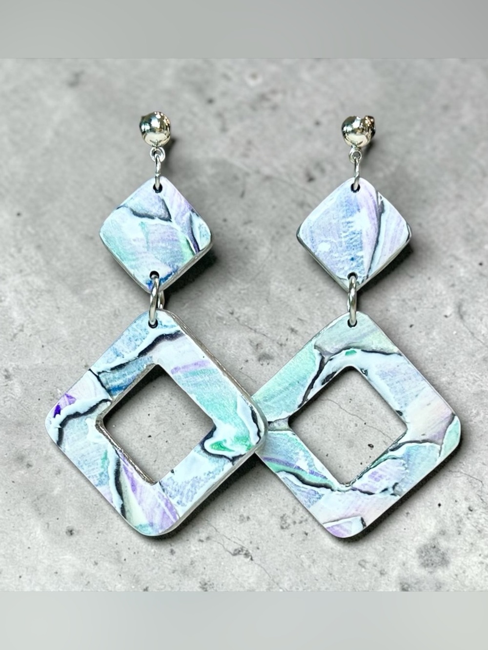 Handmade Pastel Blue Green Purple Watercolor Look Polymer Clay Dangle Earrings